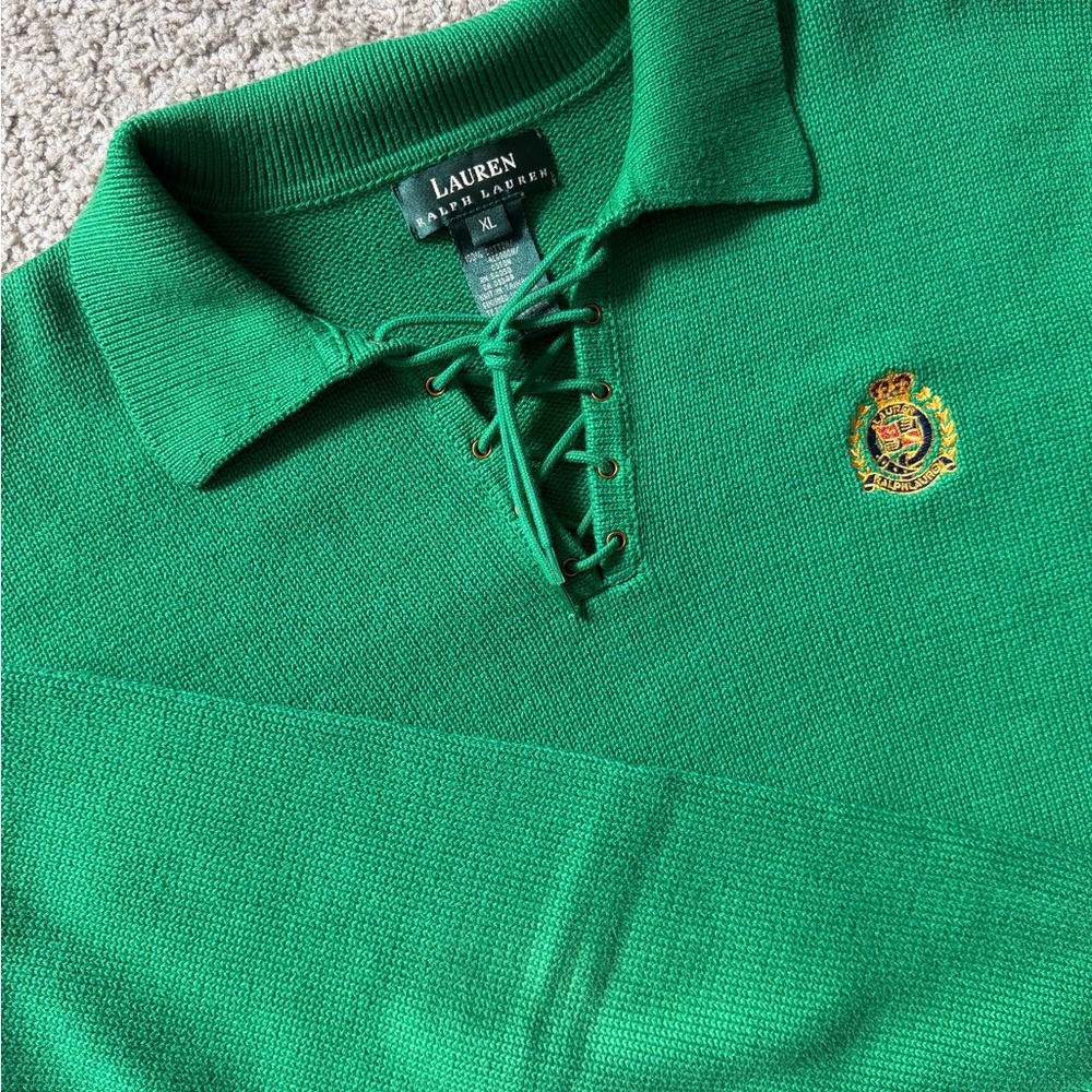 Lauren Ralph Lauren XL Green Rugby Lace Up Sweater Crest Logo Cotton Men